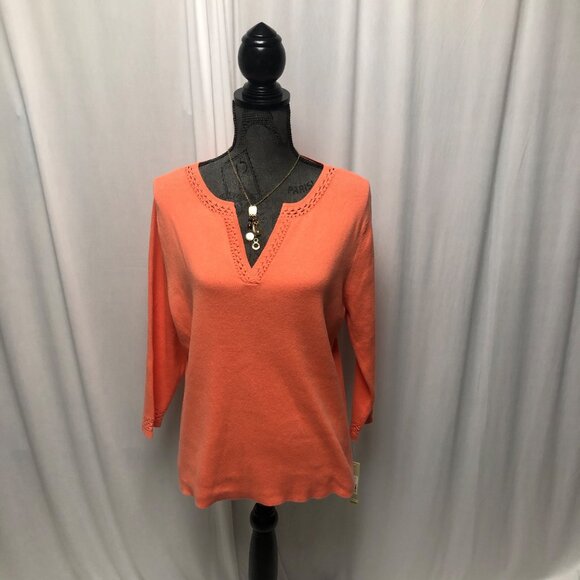 Fieldgear Sweater Womens Size Large Coral Orange Crochet-Trim V Neck Cotton NEW - Picture 1 of 9